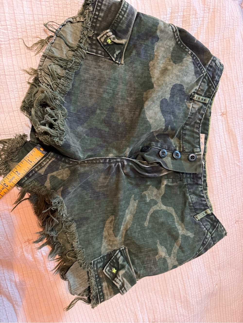 FREE PEOPLE Olive Camo Frayed Hem Denim Shorts